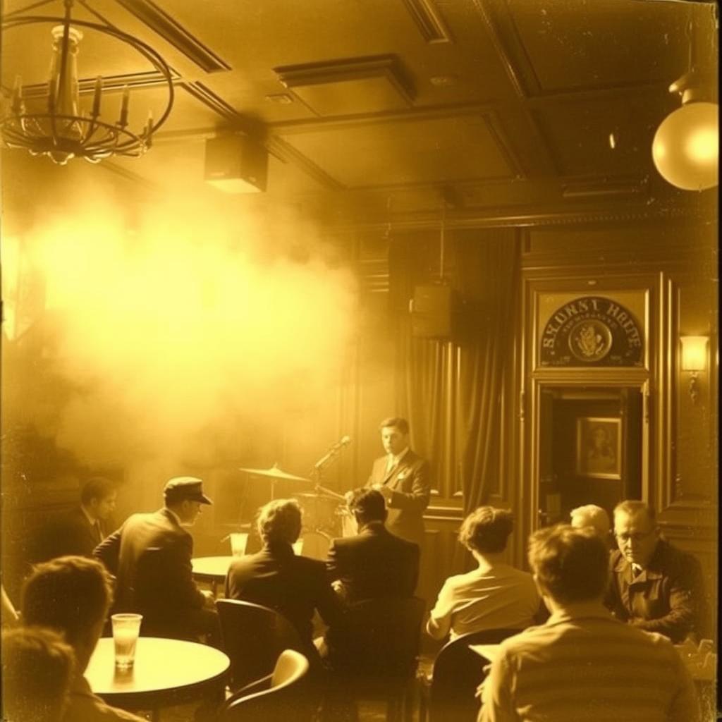 A 1920s jazz club interior, smoky atmosphere, live band on stage, sepia-toned photograph.