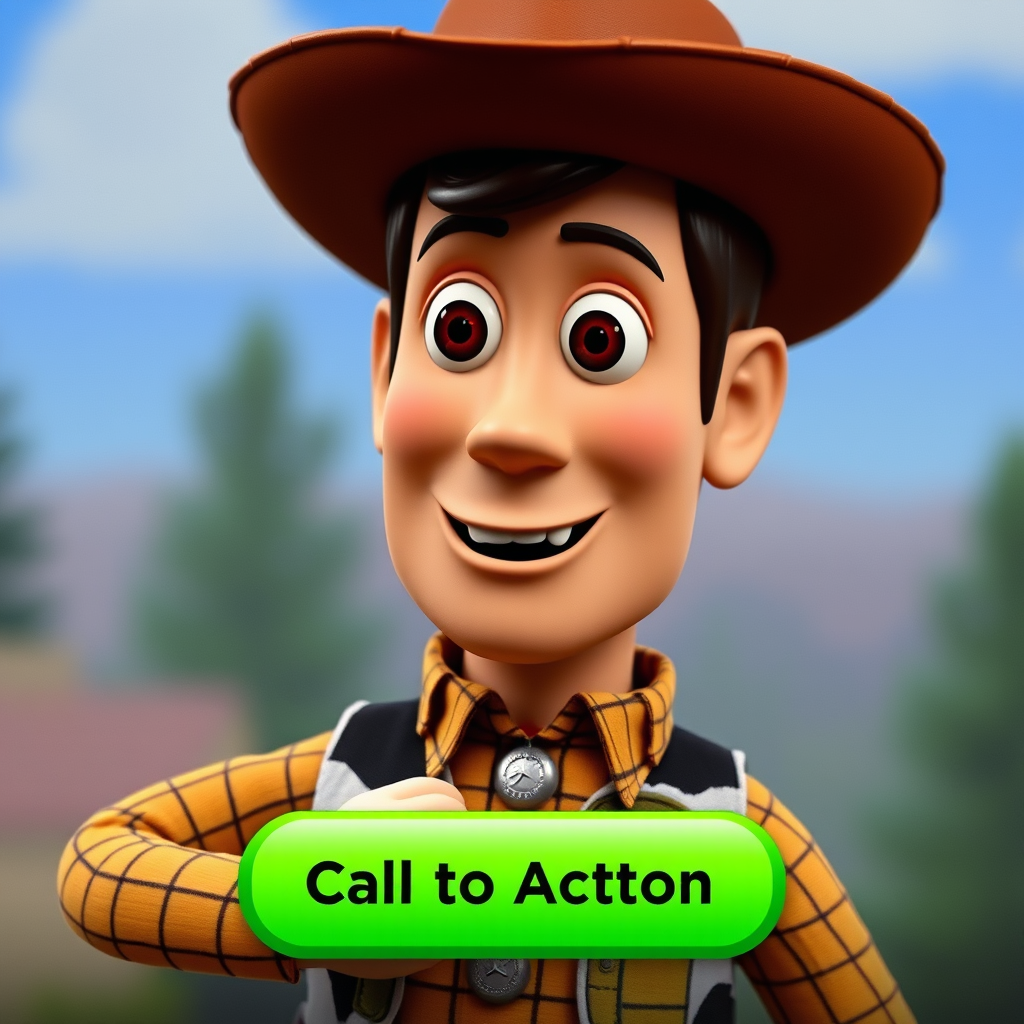 A call-to-action button appearing on the screen near the Woody-like figure.