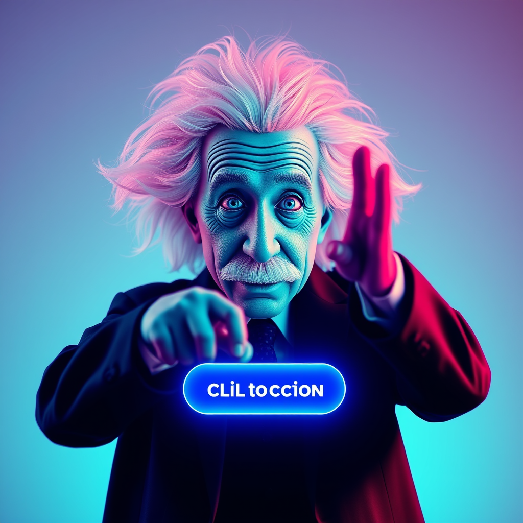A call-to-action button appearing on the screen near the Einstein-like figure.