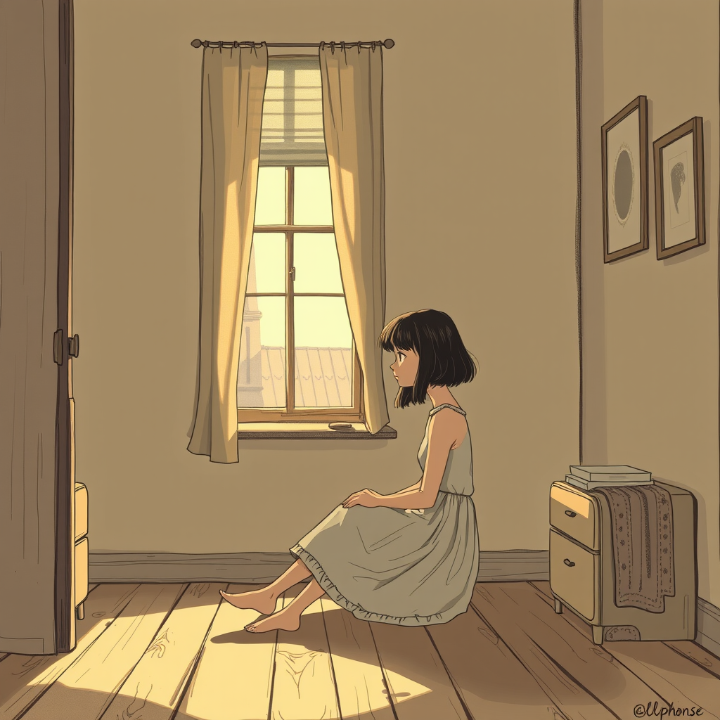 A girl sits alone in a room, wisely reflecting on the monotony of life. (Unlabeled drawing)