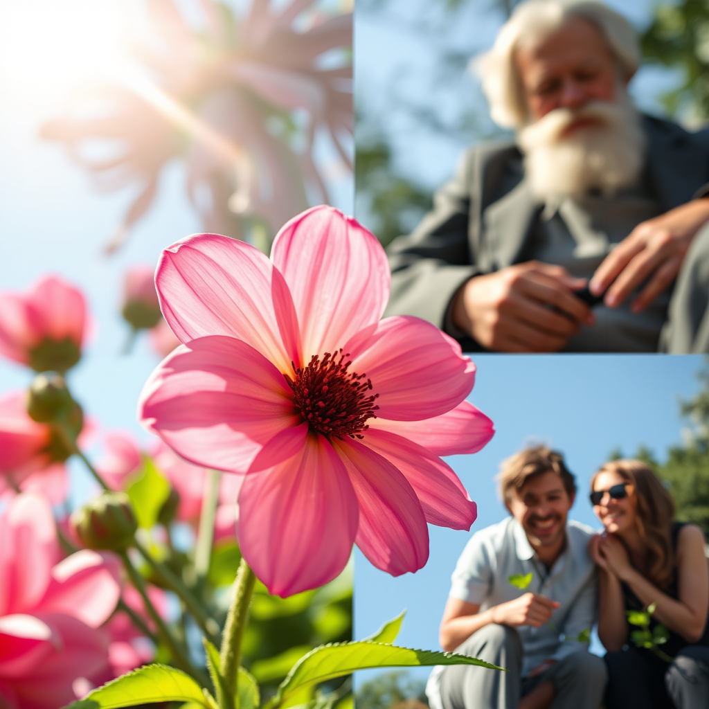 Close-ups of simple pleasures: a blooming flower, a sunny day, friends laughing, with a Dostoevsky-like figure in the background.