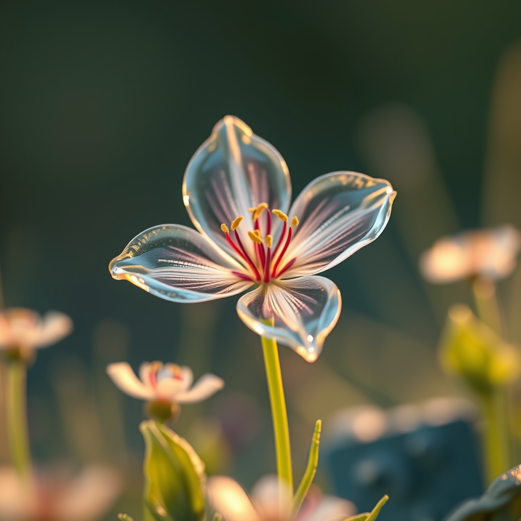 Tip: Inspired by the features of RealFlow-Cinema4D editor, create an image of a transparent luxury with a photo of a flower called Juno leptorrhiza growing in a field, high-speed MO photography, 4K advertising screenshot video from YouTube, wheel, 3D liquid, simulation rendering, still video, 4K nature photography, very surreal with a warm background, fantastic image worthy of an award. Parameters: Steps: 20, Sampler: Euler a, CFG Scale: 7.0, Seeds: 546157968, Model: SD XL