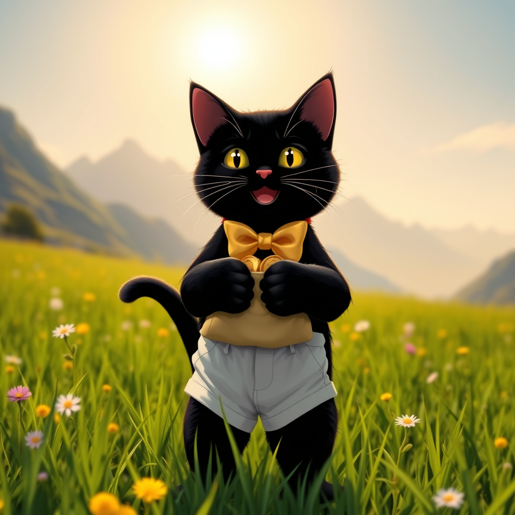 The foreground depicts a cheerful black cat standing on its hind legs. The cat is wearing white shorts and a gold bow tie. In its front paws, the cat holds a slightly open bag of gold coins, revealing shiny coins. The cat looks directly at the viewer with a wide smile, creating a sense of friendliness and playfulness.

The cat stands in a bright, green, sunny meadow, surrounded by lush grass and flowers. Picturesque mountains bathed in sunlight appear in the background. A bright sun shines in the sky, lending a warm and joyful atmosphere to the entire scene.

The entire composition is executed in a photorealistic style: the details of the cat's fur, the texture of the shorts and bow tie, the metallic sheen of the coins, and the nuances of light and color in nature are meticulously rendered.