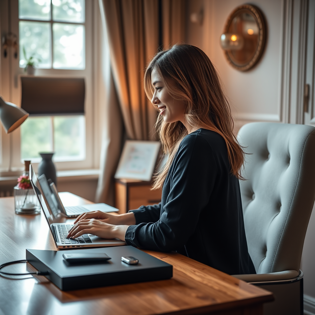 Create a realistic photo of a woman working on a laptop at a beautiful desk. A neuroscientist is looking at the woman from the laptop screen