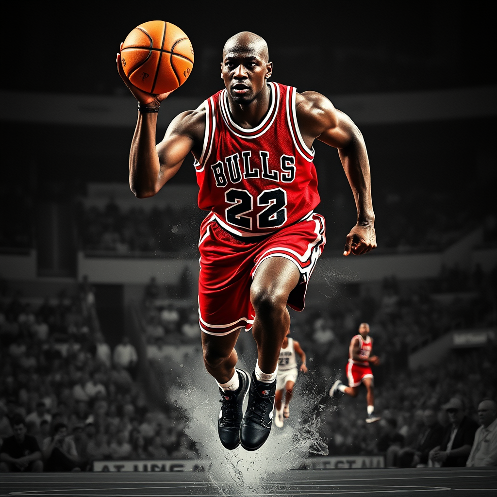 A montage of a man like Michael Jordan, training hard and overcoming obstacles