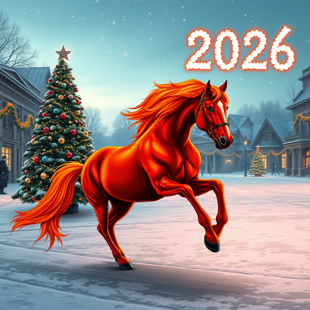 Draw a photorealistic New Year's picture with one decorated tree and garlands. The numbers 2026 are written exactly in the upper right corner. In the foreground is a fiery red horse with four legs, one head, one tail, and no bridle or saddle. Keep in mind that the action takes place in the evening on a snowy square.