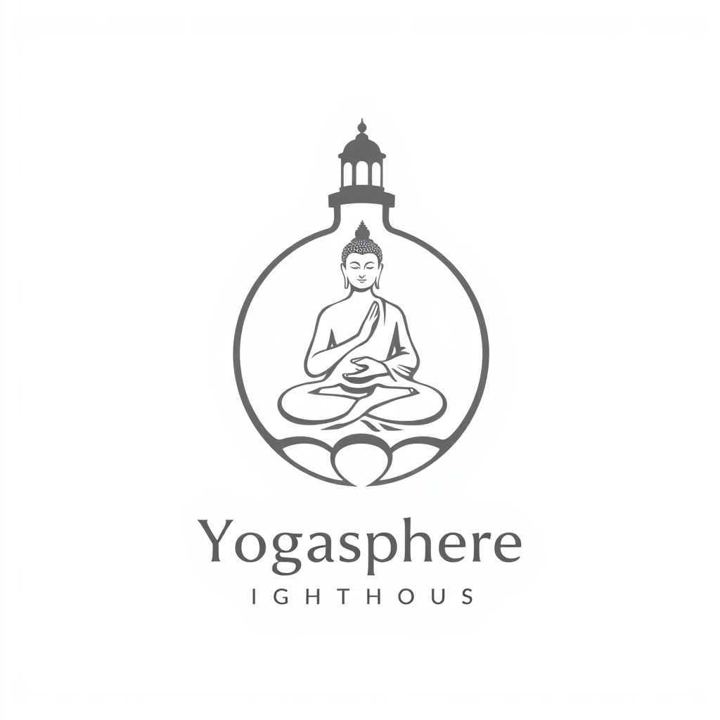 Design a graphic logo for a fitness and yoga studio. It features a Buddha in a sphere. The background is white, the logo is a solid gray color with no gradients. The name is "Yogasphere Lighthouse."