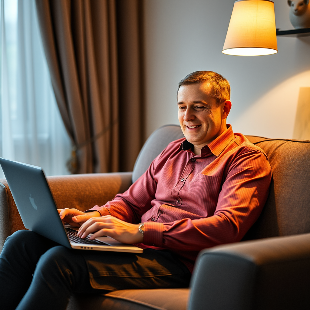Happy Russian man in a shirt at home on the sofa sidis with a laptop turned on. Theme earnings on the Internet Happy Russian man in a shirt at home on the sofa sidis with a laptop turned on. Theme earnings on the Internet