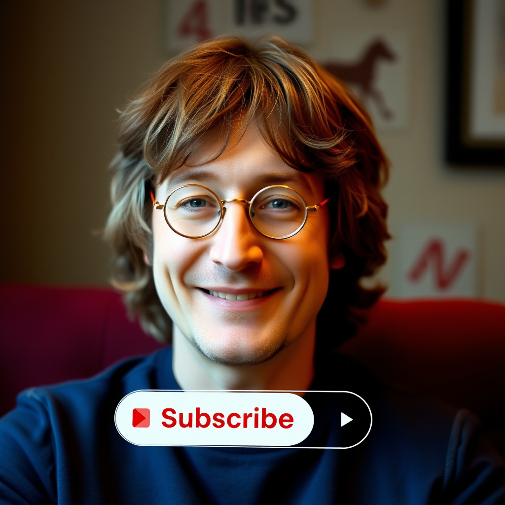 The Subscribe button is on the screen next to a man who looks like John Lennon.