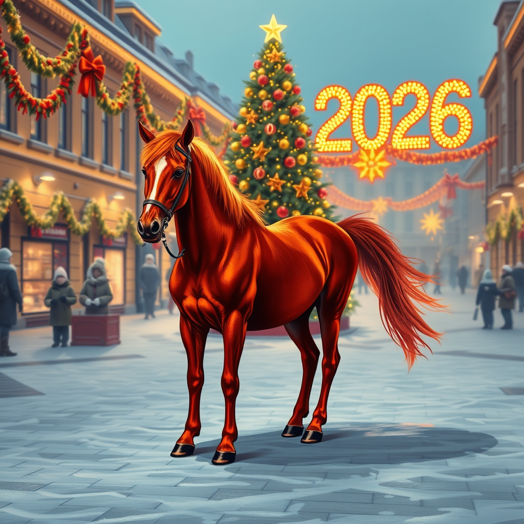 Draw a photorealistic New Year's picture with one decorated tree and garlands. The numbers 2026 are written exactly in the upper right corner. In the foreground is a fiery red horse with four legs, one head, one tail, and no bridle or saddle. Keep in mind that the action takes place in the evening on a snowy square.