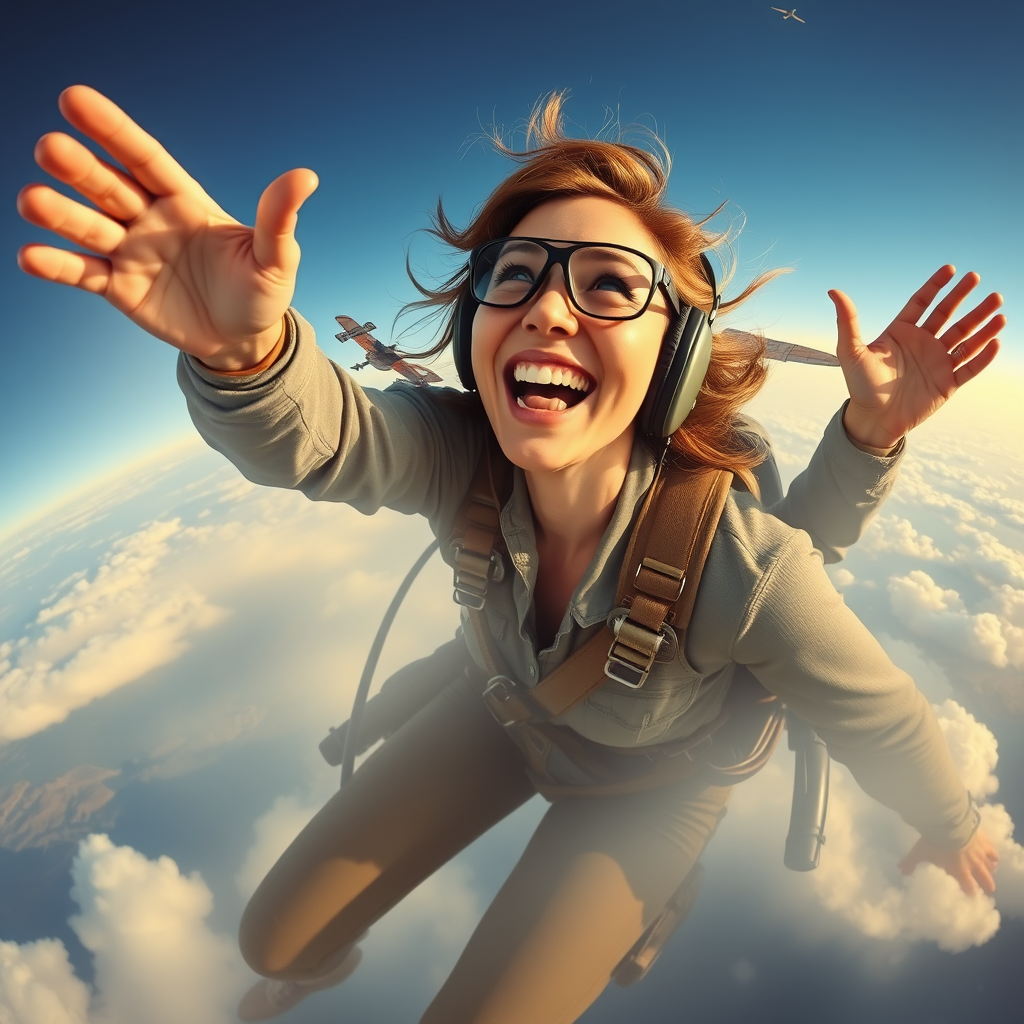 A montage of the Earhart-like figure overcoming obstacles during a flight.