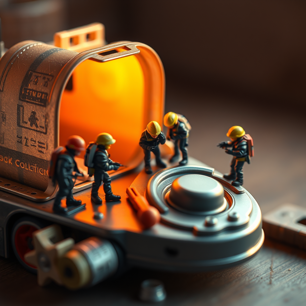 A hyper-realistic and surreal digital photograph featuring miniature figures 
interacting with everyday objects, creating a sense of scale and a unique, immersive 
world. The tiny characters are dressed in detailed uniforms or thematic costumes, 
engaged in various activities such as construction, exploration, creativity, or daily life 
tasks, but in an unexpected or whimsical context.
At first glance, the object appears ordinary, but the fusion with miniature figures 
transforms the scene into a captivating and interactive world. The composition 
includes intricate tools, realistic textures, carefully crafted shadows, and lighting 
effects, enhancing the depth and realism of the image.
The background is softly blurred, creating depth of field, while the lighting 
emphasizes microscopic details, giving the scene a cinematic quality. The color 
palette adapts to the mood of the image: warm tones for cozy scenes, cool and 
metallic hues for tech-based concepts, and vibrant co