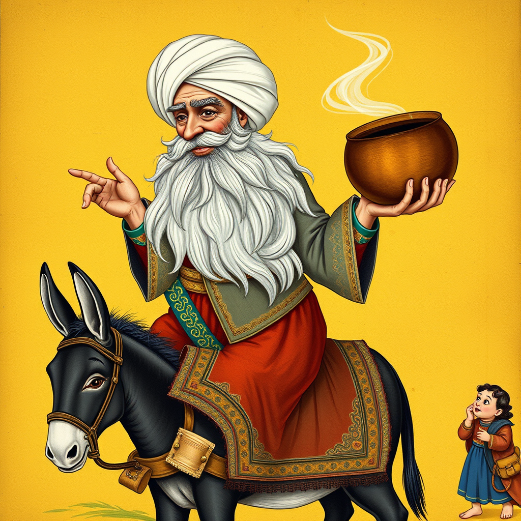 Nasreddin Hodja, a wise old man with a large white turban and a long grey beard, sitting backwards on his small donkey, smiling mischievously. He is holding a large, empty cooking pot. The style is a classic Persian miniature painting with rich colors, intricate patterns, and a golden background. There is a curious villager looking at him. Nasreddin Hodja, a wise old man with a large white turban and a long grey beard, sitting backwards on his small donkey, smiling mischievously. He is holding a large, empty cooking pot. The style is a classic Persian miniature painting with rich colors, intricate patterns, and a golden background. There is a curious villager looking at him.