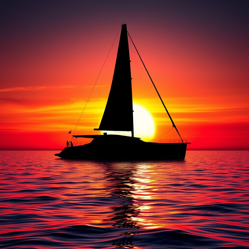 To create a vivid mental picture of a black silhouette of a yacht against the backdrop of a setting sun, imagine this:
As the sun descends toward the horizon, the sky transforms into a stunning canvas of fiery oranges, deep reds, and soft purples. The water glistens with the reflection of these vibrant hues, creating a shimmering path that leads to the horizon. In the foreground, a sleek yacht stands proudly, its outline starkly defined against the brilliant backdrop.
The yacht's sails are fully unfurled, capturing the gentle evening breeze, while its hull cuts gracefully through the water. The stark black silhouette contrasts beautifully with the warm colors of the sunset, embodying a sense of tranquility and adventure. As the day gives way to night, the yacht remains a serene figure, perfectly framed by the breathtaking spectacle of nature's twilight show. To create a vivid mental picture of a black silhouette of a yacht against the backdrop of a setting sun, imagine this:
As the sun descends toward the horizon, the sky transforms into a stunning canvas of fiery oranges, deep reds, and soft purples. The water glistens with the reflection of these vibrant hues, creating a shimmering path that leads to the horizon. In the foreground, a sleek yacht stands proudly, its outline starkly defined against the brilliant backdrop.
The yacht's sails are fully unfurled, capturing the gentle evening breeze, while its hull cuts gracefully through the water. The stark black silhouette contrasts beautifully with the warm colors of the sunset, embodying a sense of tranquility and adventure. As the day gives way to night, the yacht remains a serene figure, perfectly framed by the breathtaking spectacle of nature's twilight show.