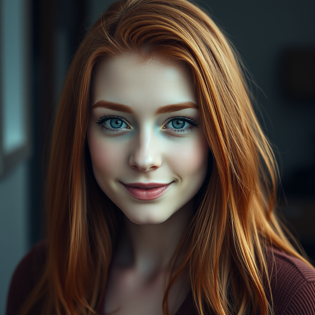 A beautiful young red-haired woman, looking directly at the camera, realistic style, soft natural lighting, detailed facial features, expressive eyes, slight smile, cinematic composition, high-resolution portrait, professional photography quality, subtle background blur, vibrant yet natural colors