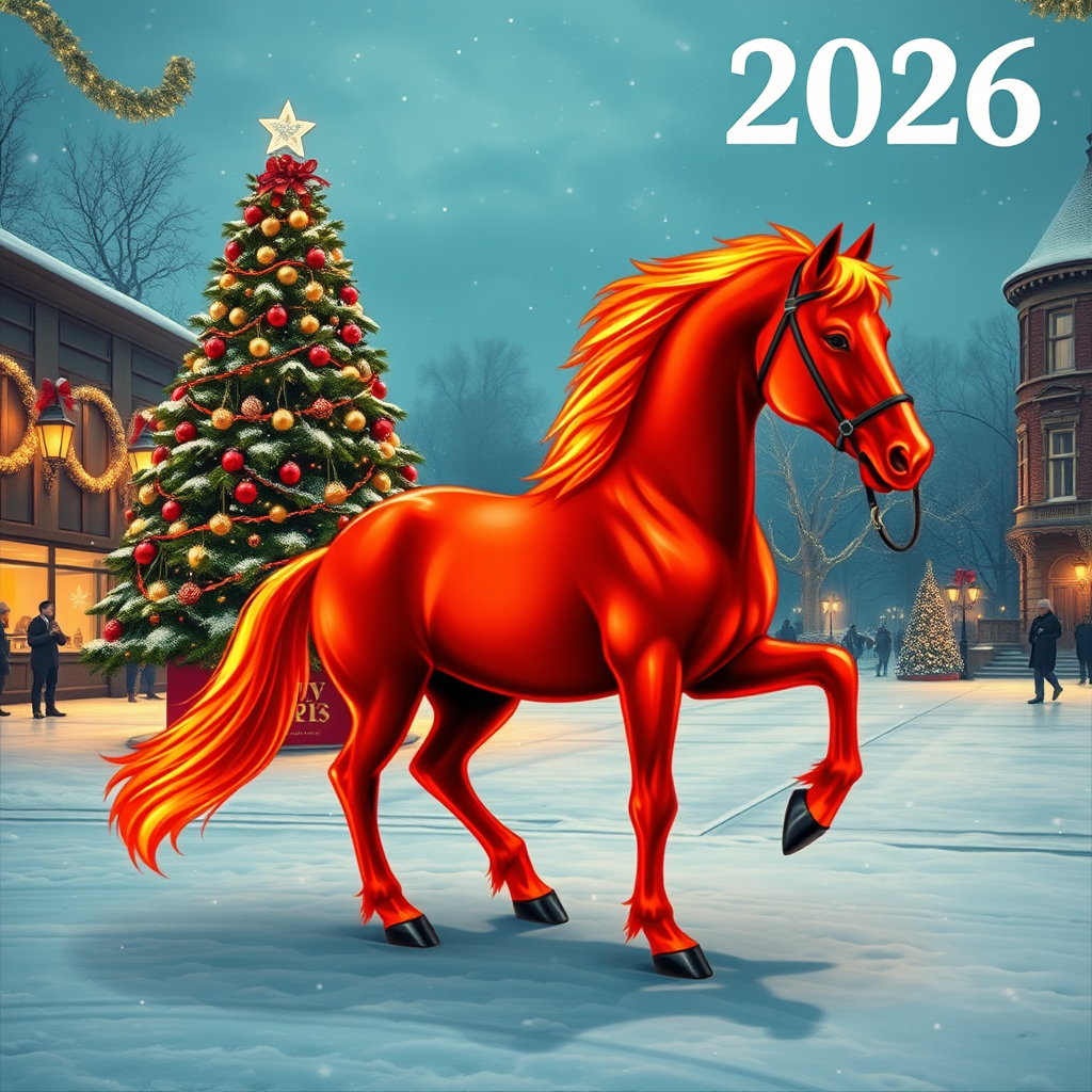 Draw a photorealistic New Year's picture with one decorated tree and garlands. The numbers 2026 are written exactly in the upper right corner. In the foreground is a fiery red horse with four legs, one head, one tail, and no bridle or saddle. Keep in mind that the action takes place in the evening on a snowy square.
