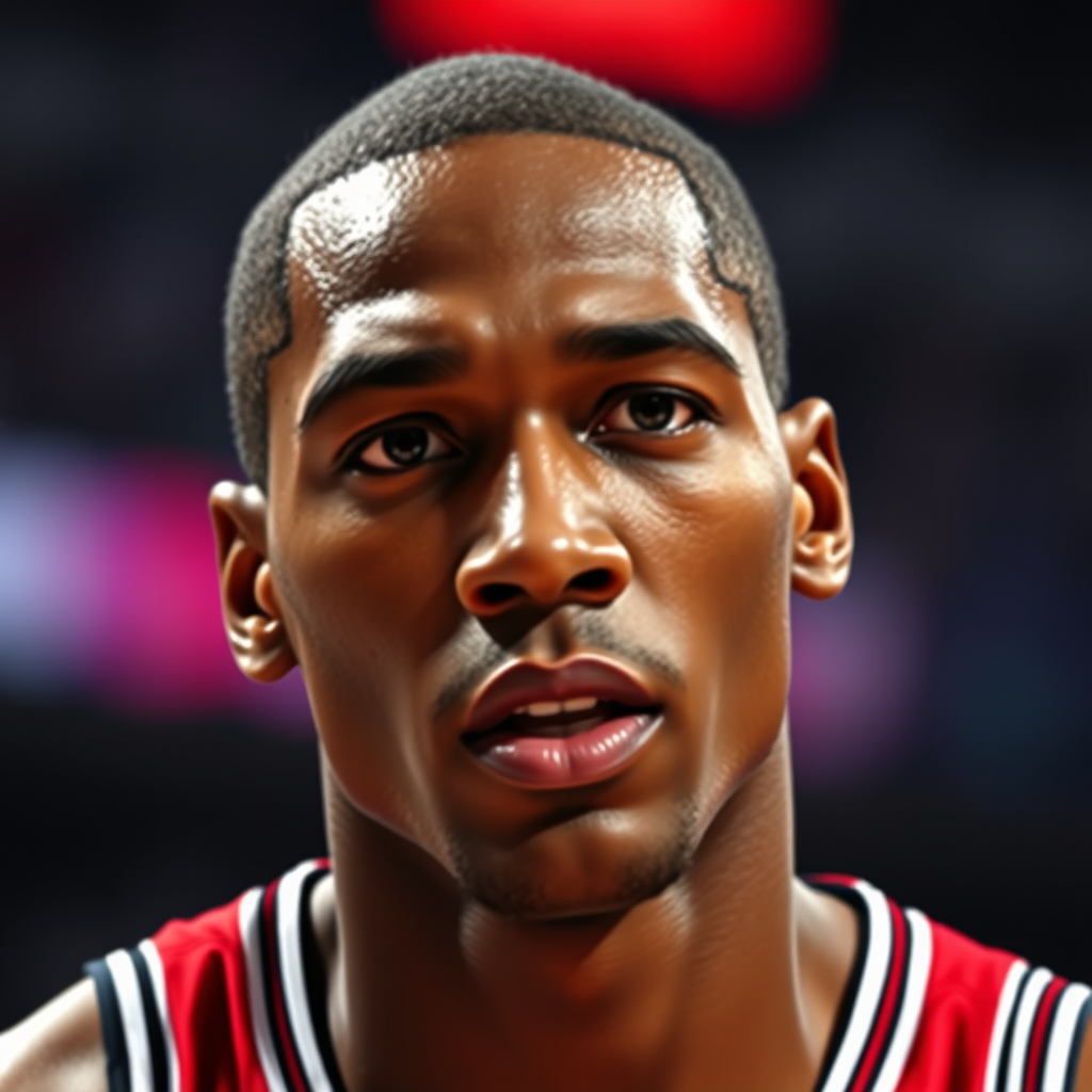 Close-up of the Jordan-like figure's focused expression during a crucial game