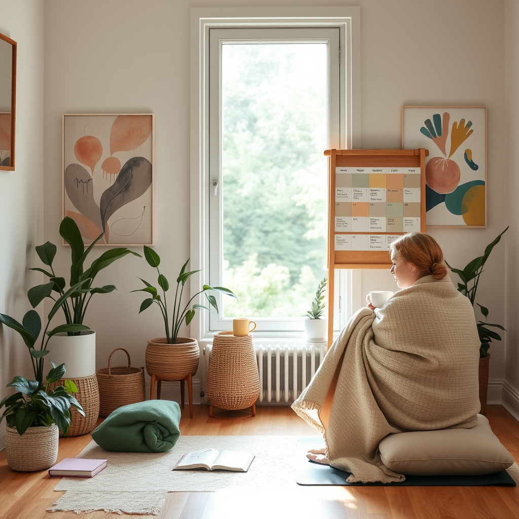 «A serene room with soft light, plants, and a person wrapped in a blanket, sipping tea. A journal, yoga mat, and schedule board highlight healthy habits. Pastel colors, abstract art, and a view of nature outside blend to symbolize mental balance and mindful living.»