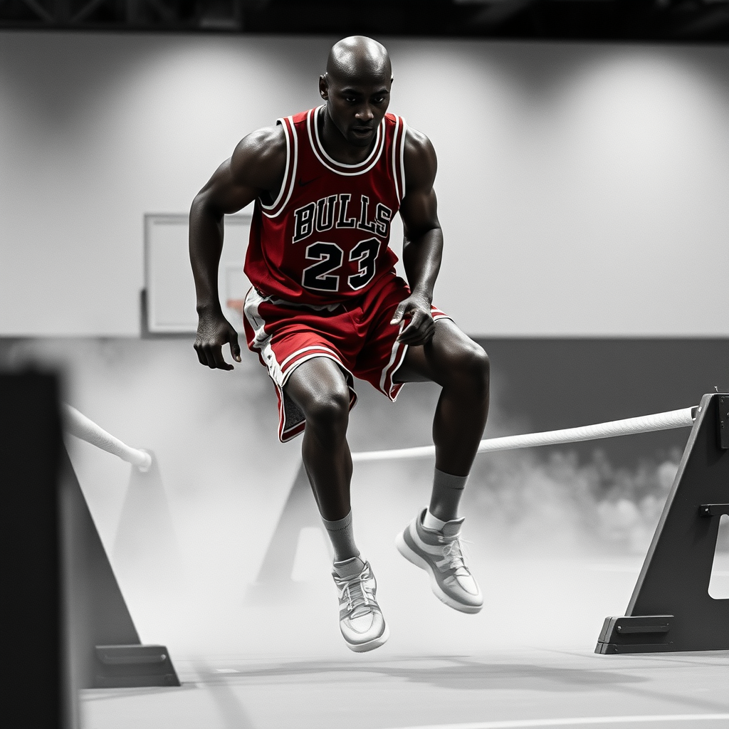 A montage of the Jordan-like figure training hard and overcoming obstacles