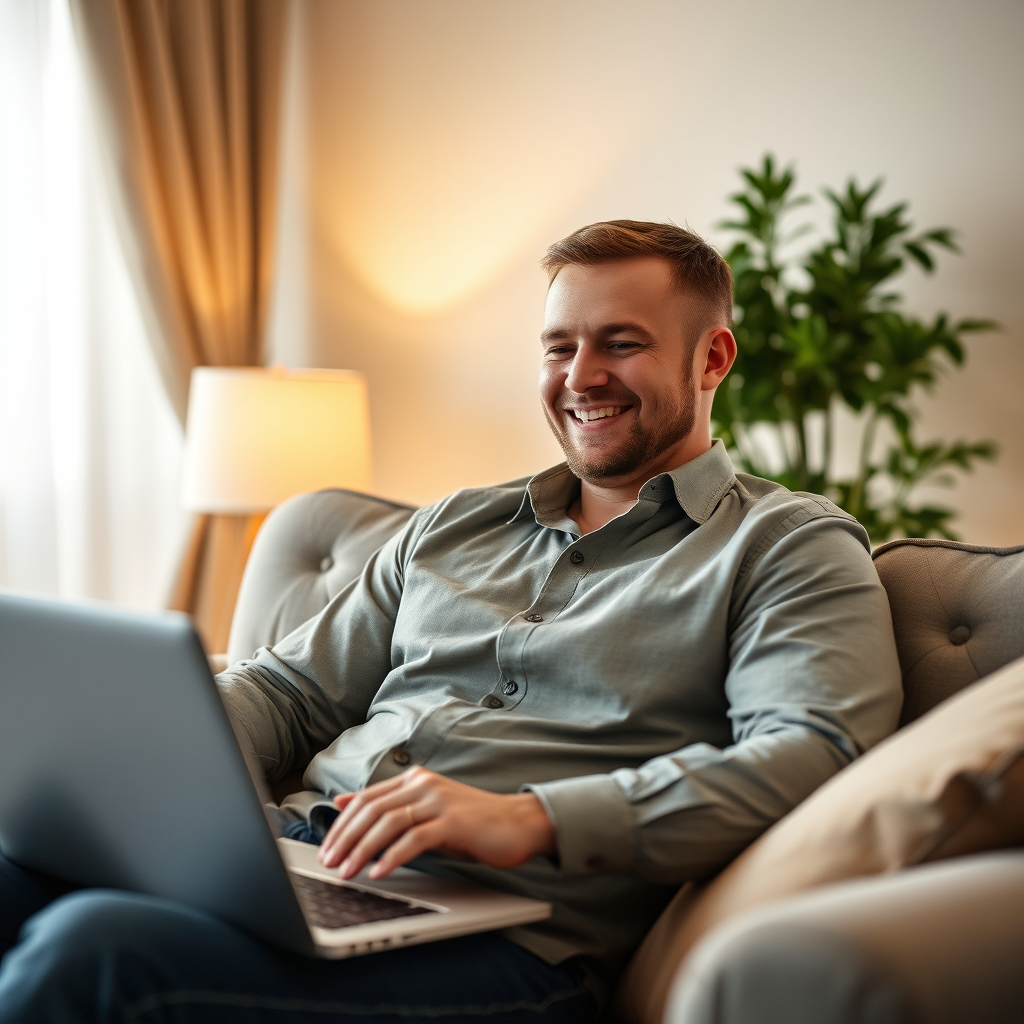 Happy Russian man in a shirt at home on the sofa sidis with a laptop turned on. Theme earnings on the Internet Happy Russian man in a shirt at home on the sofa sidis with a laptop turned on. Theme earnings on the Internet