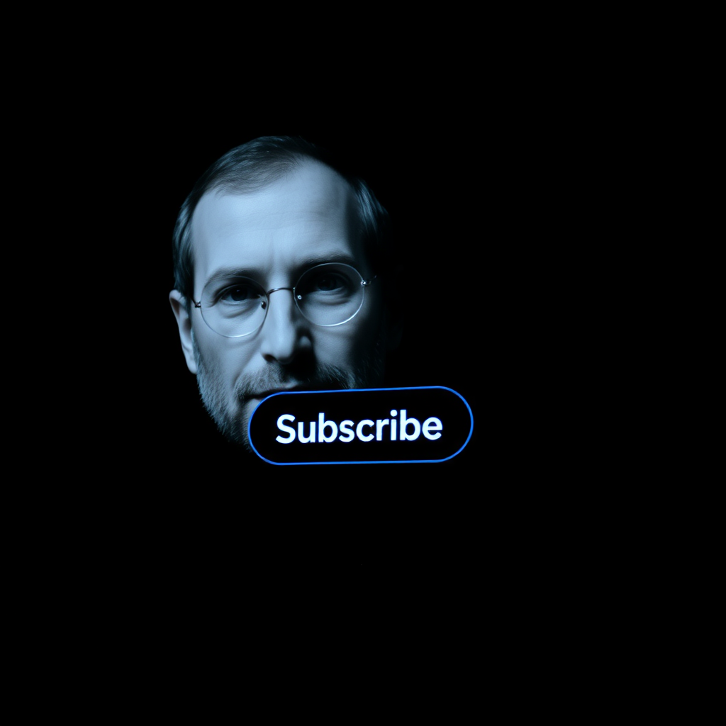 The Subscribe button is on the screen next to a man who looks like Steve Jobs.