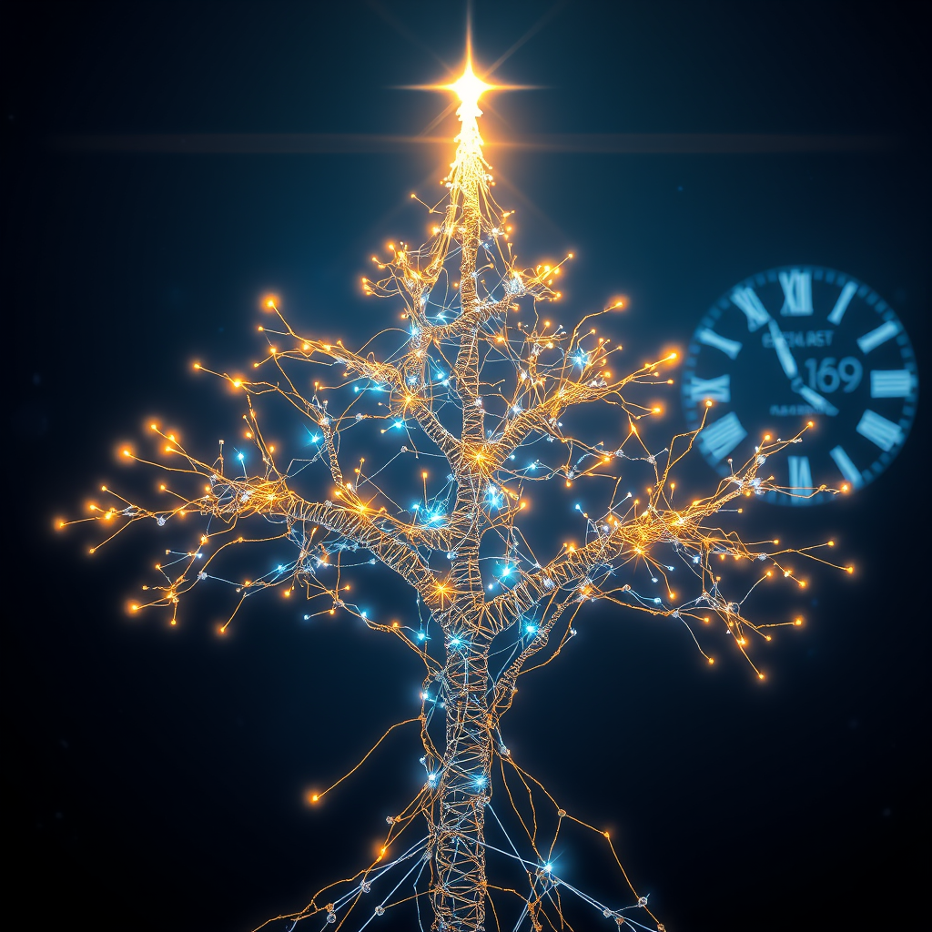 A breathtaking hyper-realistic 3D render of a futuristic, glowing neural network shaped like a Christmas tree. The connections are pulsating fibers of light (gold, silver, blue). At the top, a shining star. In the background, a dark blue starry night and a clock showing 11:59 on December 31. The style is digital art, luminous, magical, cinematic. --ar 16:9