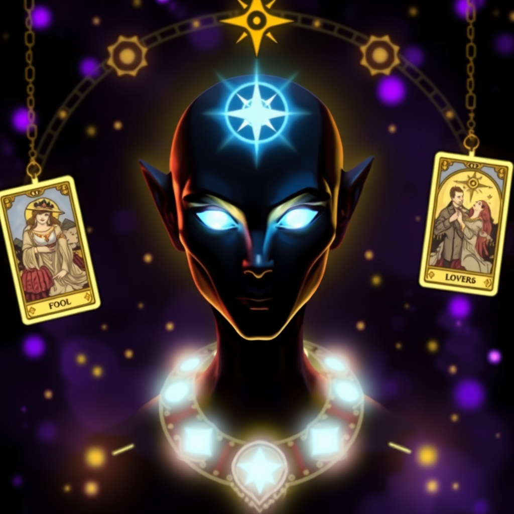 Mystical image with elements of Tarot: "Avatar in the style of magical mysticism - an image of a mysterious silhouette of a person or robot with shining eyes, surrounded by glowing Tarot cards (for example, the Major Arcana: Fool, Lovers, Star). The background is dark with purple and gold sources, creating an atmosphere of mystery and spirituality." Mystical image with elements of Tarot: "Avatar in the style of magical mysticism - an image of a mysterious silhouette of a person or robot with shining eyes, surrounded by glowing Tarot cards (for example, the Major Arcana: Fool, Lovers, Star). The background is dark with purple and gold sources, creating an atmosphere of mystery and spirituality."