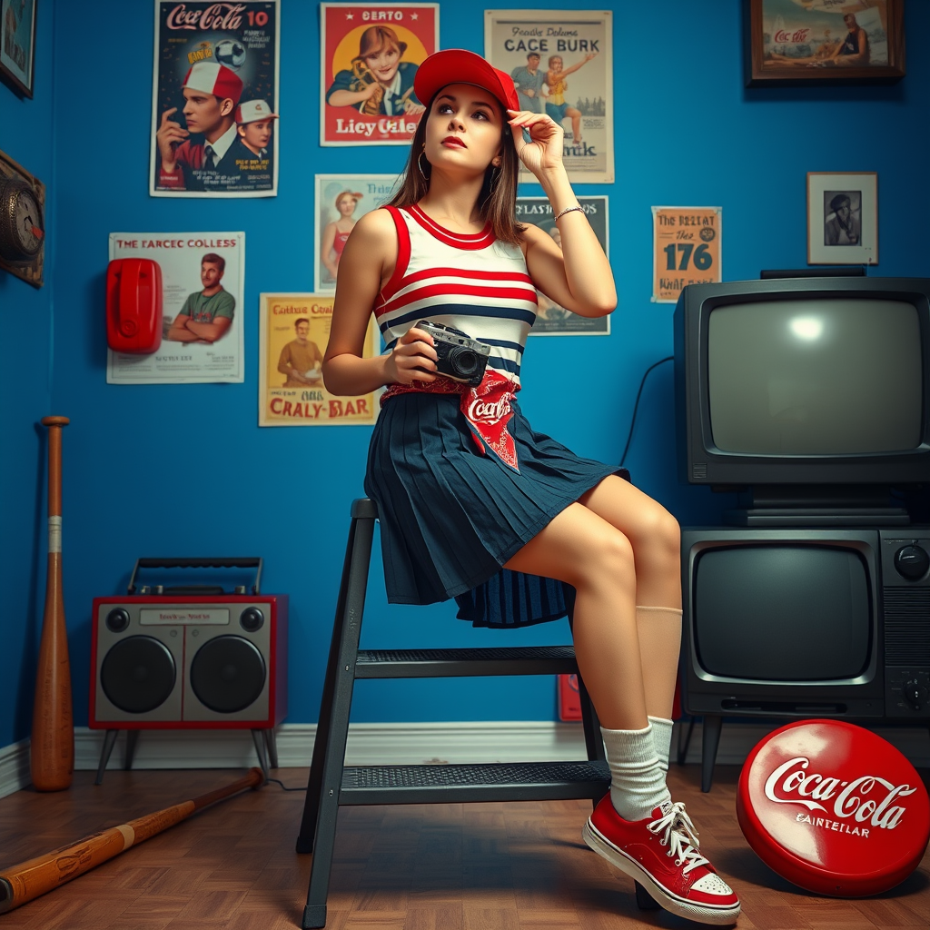 Use my uploaded selfie as the base. Keep my real face and proportions exactly as they are — do not change them. Place me seated on a dark grey step ladder in a retro sporty outfit: striped sleeveless top (off-white, red, navy), navy pleated mini-skirt, knee-high off-white socks, red sneakers. Red-white-blue bandana on my waist, translucent red visor on my head. I look thoughtfully upwards, right hand holding the visor brim, left hand holding a vintage camera. Background: vibrant royal blue wall with vintage posters (Coca-Cola, etc.), a red rotary phone, boombox, old TV. On the floor: wooden baseball bat (left), large Coca-Cola bottle cap (right). Soft, even lighting, cinematic retro Y2K mood. Ultra-realistic photo. My face must remain unchanged from the selfie.