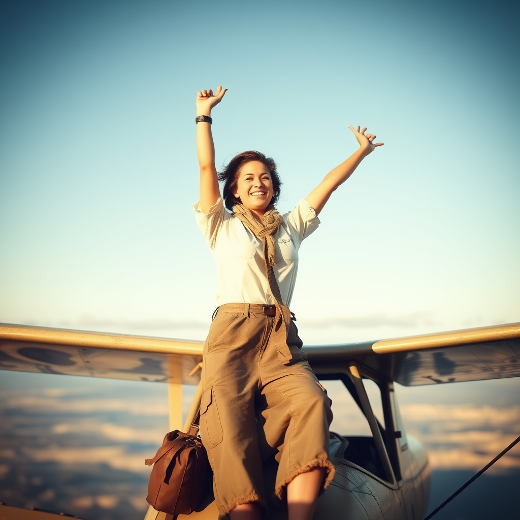 The Earhart-like figure celebrating a successful flight.