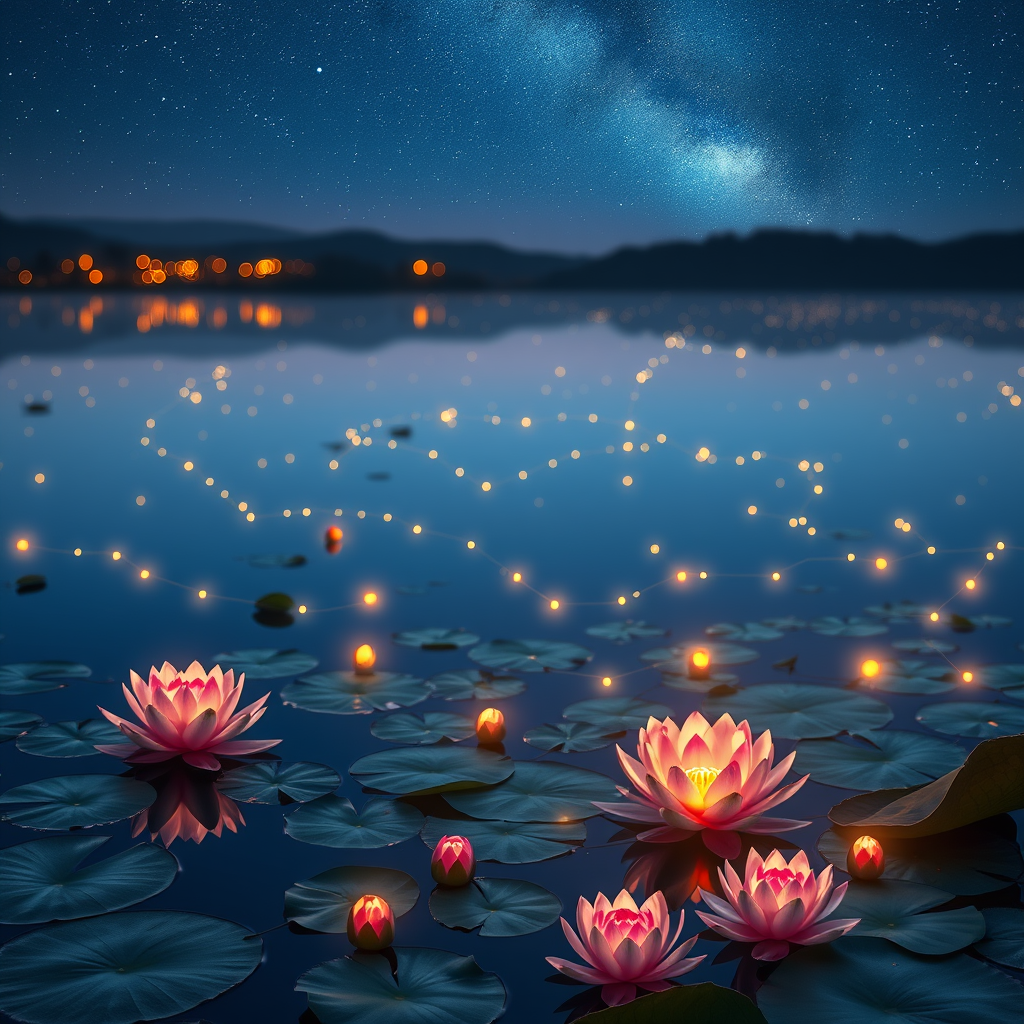 1344x768
A serene lake at twilight, its waters reflecting the starry sky above, with delicate lotus flowers floating on the surface and fireflies dancing around them like tiny lanterns 3830911057. Prompts. A serene lake at twilight, its waters reflecting the starry sky above, with delicate lotus flowers floating on the surface and fireflies dancing around them like tiny lanterns.Negatives: worst quality, bad quality, poor quality, ugly, blur, watermark, signature, logo. Steps: 24. Sampler: DPM++ 2M. Seed: 3830911057. Model: ProtoVision_XL_6.6.0_SDXL.
