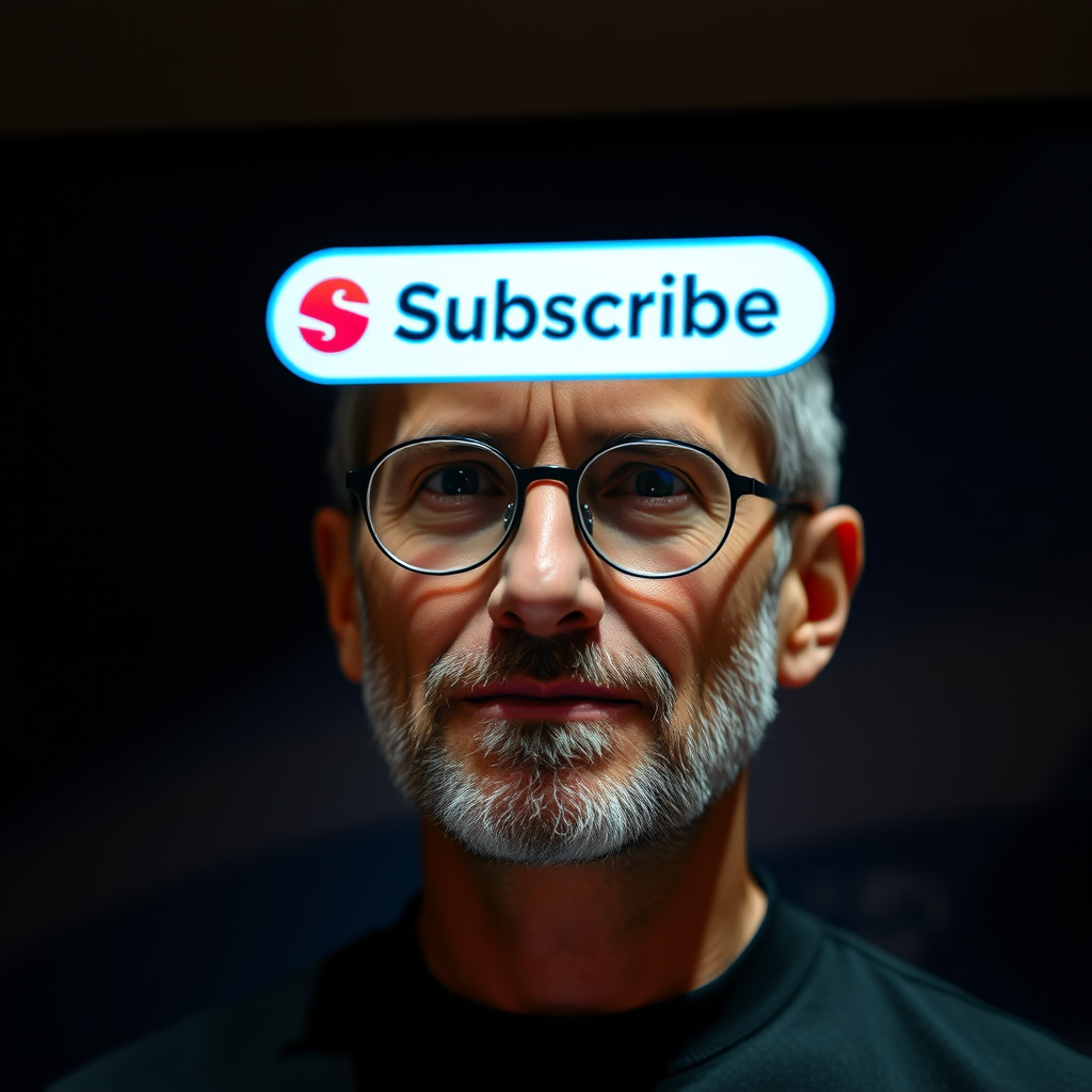 The Subscribe button is on the screen next to a man who looks like Steve Jobs.
