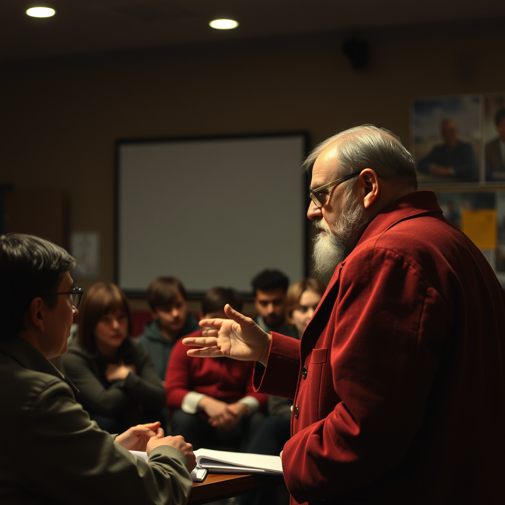 The Strugatsky-like figure asking questions in front of a group.