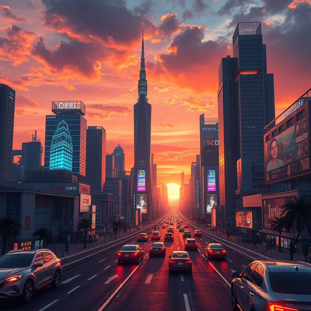 A futuristic Tokyo-style skyline at sunset, flying cars, holographic billboards, ultra detailed.
