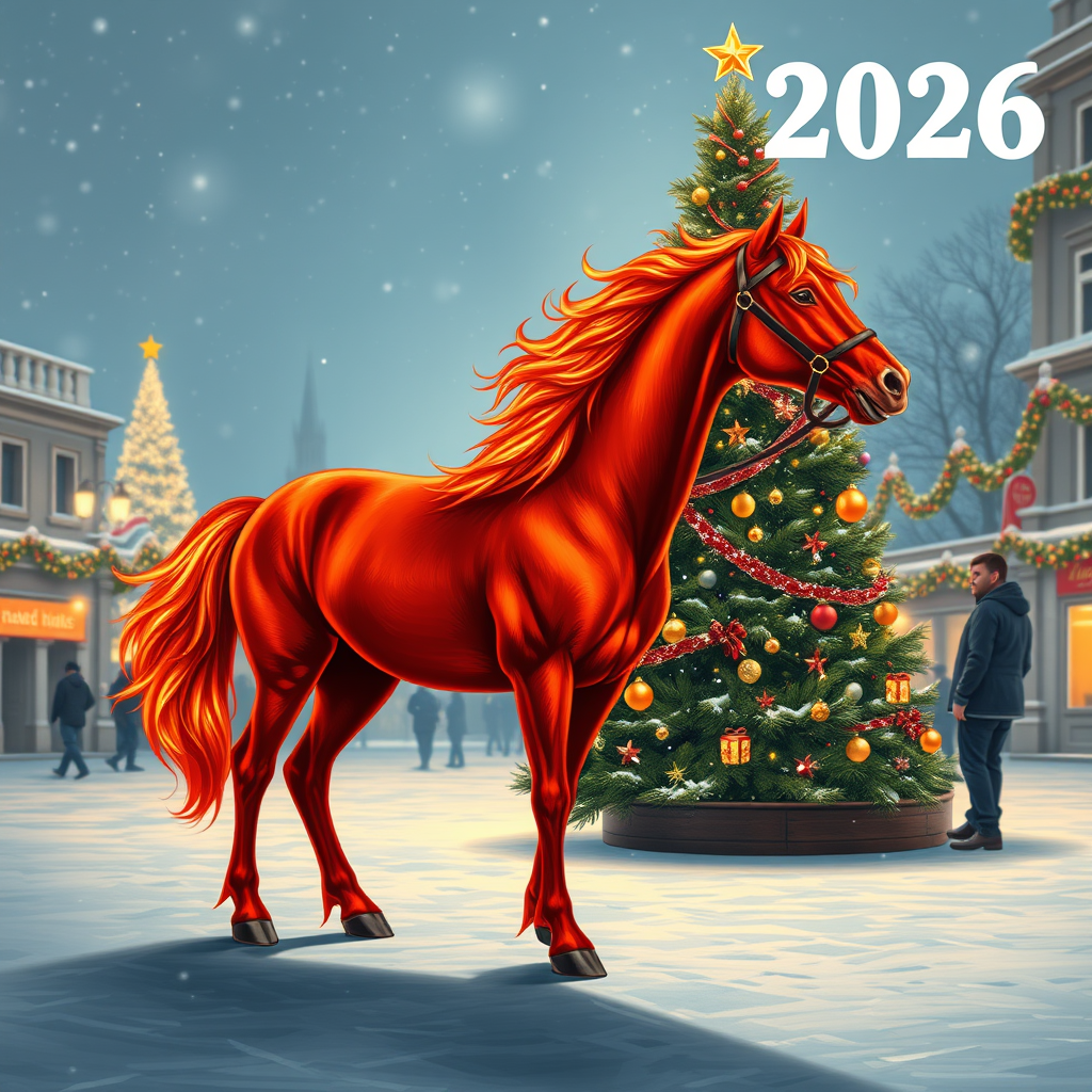 Draw a photorealistic New Year's picture with one decorated tree and garlands. The numbers 2026 are written exactly in the upper right corner. In the foreground is a fiery red horse with four legs, one head, one tail, and no bridle or saddle. Keep in mind that the action takes place in the evening on a snowy square.