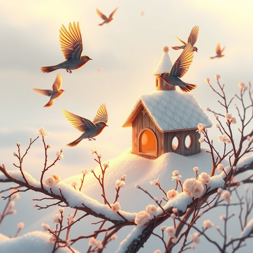 A beautiful drawing for a poem about how spring comes to Siberia and the birds around it fly joyfully, singing...