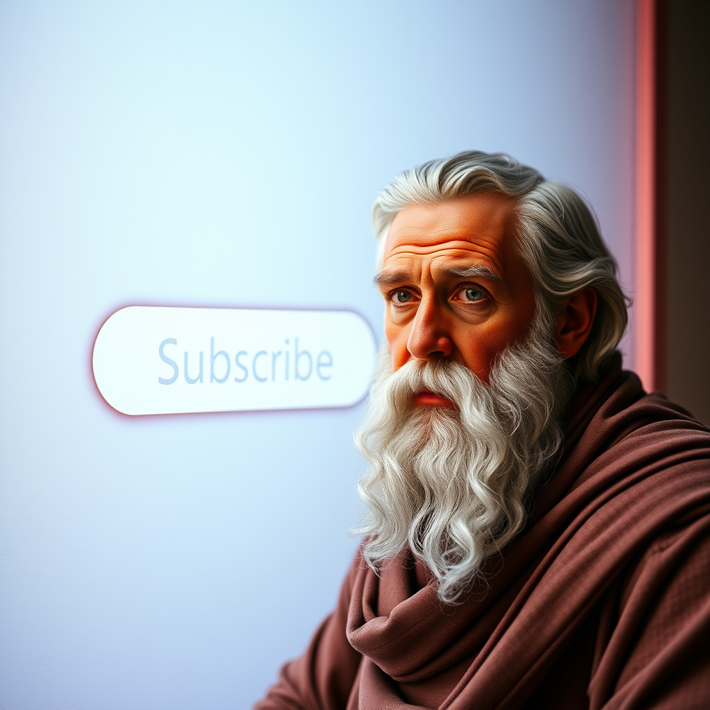 The Subscribe button is on the screen next to a man who looks like Socrates.