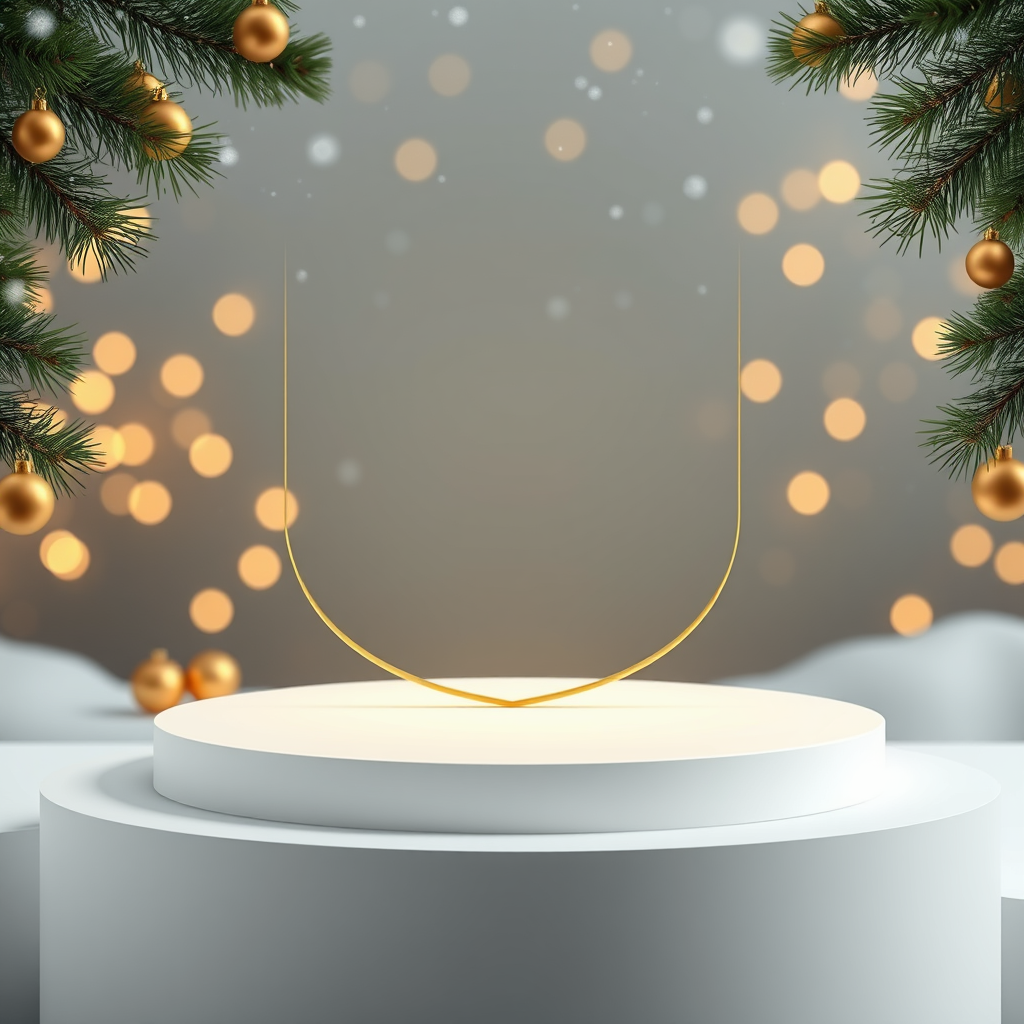 /imagine prompt: premium New Year advertising creative, big empty shield for text centered on a matte white pedestal, subtle pine branches framing the scene, gold ornaments, warm fairy lights bokeh in the background, gentle snowfall particles, clean modern minimal composition, high-end luxury aesthetic, photorealistic product photography, softbox studio lighting, shallow depth of field, large negative copy space on the right, ultra-detailed --ar 4:5 --stylize 250 --chaos 8 --q 1 --no text, letters, watermark, logo, people, hands