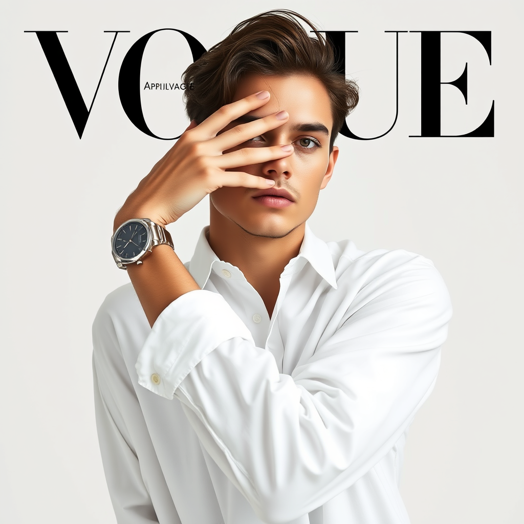 Create a white background Vogue-style fashion editorial cover using my uploaded selfie as the base. Keep my real face and proportions exactly as they are — do not replace or alter them. I am styled in a loose white shirt with rolled sleeves, one arm partly covering my face, a metallic wristwatch visible. The composition is clean and minimalist, with strong editorial lighting, sharp focus, and subtle shadow depth. Format: 4:5 vertical, ultra-realistic, high-resolution fashion magazine cover aesthetic.