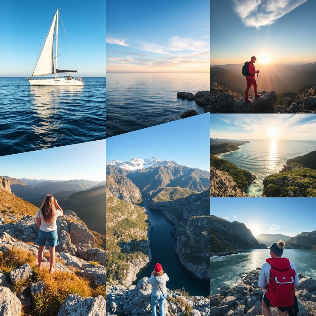 A montage of adventurous scenes: sailing, hiking, exploring new places