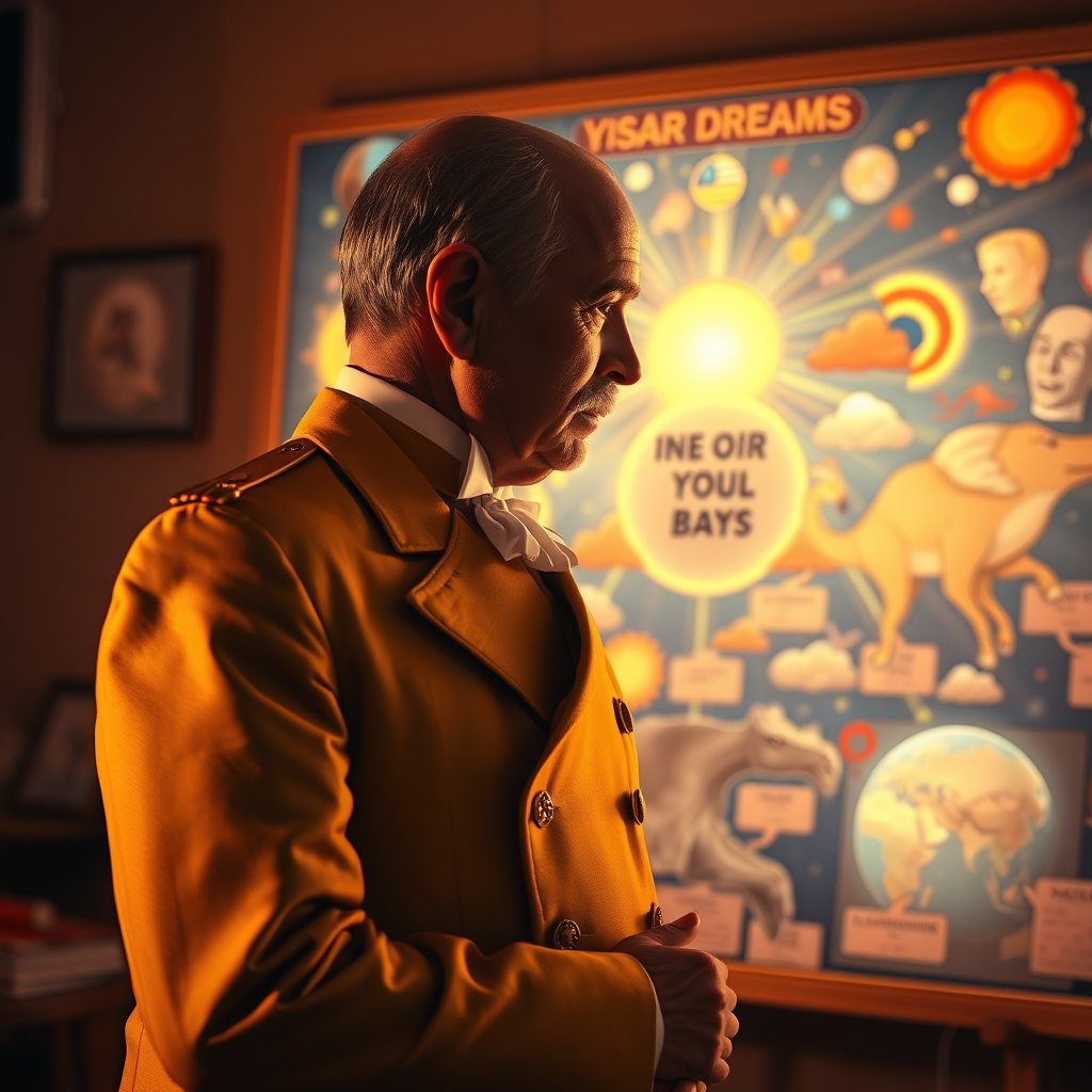 Napoleon Hill-like figure looking at a vision board filled with dreams.