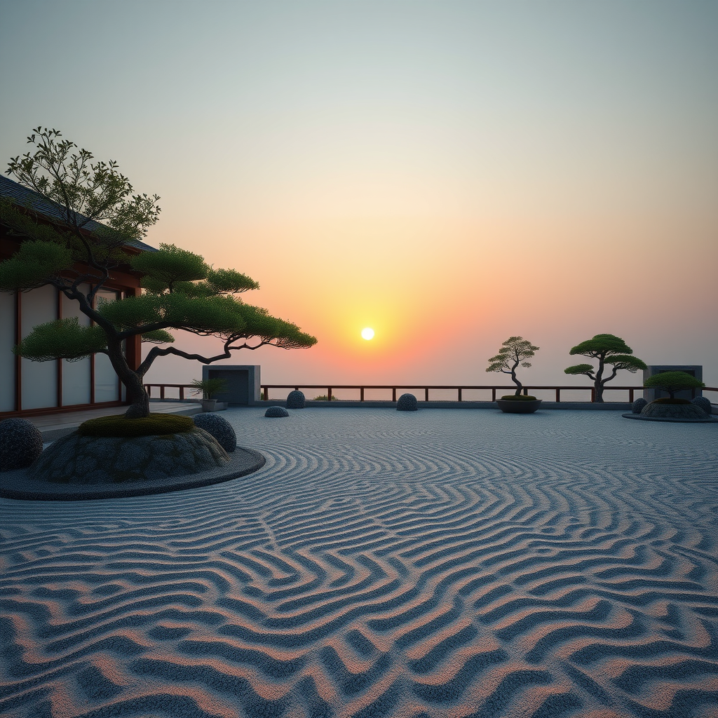 8. A serene Zen garden at dawn, raked sand patterns, bonsai trees, hyperrealistic.