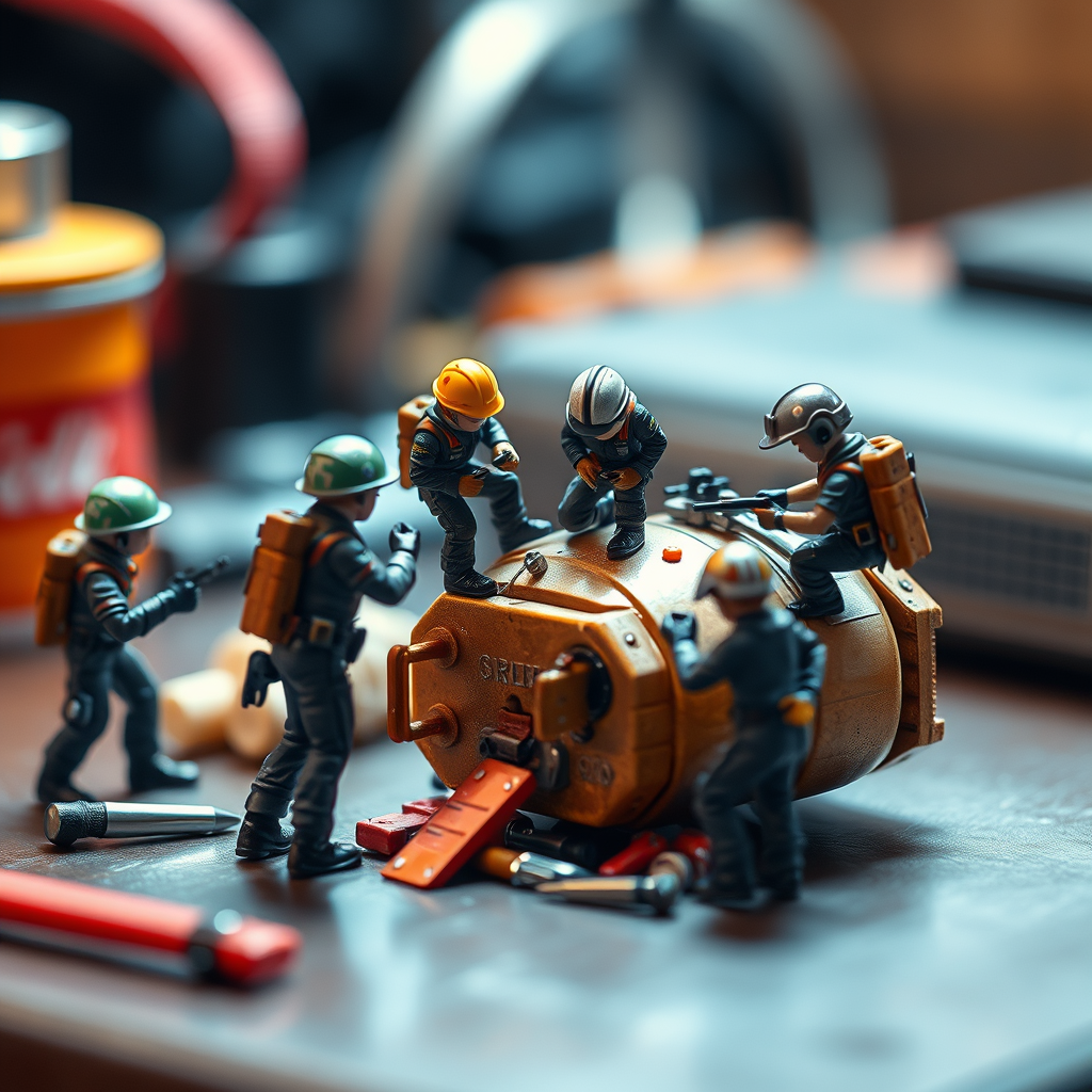 A hyper-realistic and surreal digital photograph featuring miniature figures 
interacting with everyday objects, creating a sense of scale and a unique, immersive 
world. The tiny characters are dressed in detailed uniforms or thematic costumes, 
engaged in various activities such as construction, exploration, creativity, or daily life 
tasks, but in an unexpected or whimsical context.
At first glance, the object appears ordinary, but the fusion with miniature figures 
transforms the scene into a captivating and interactive world. The composition 
includes intricate tools, realistic textures, carefully crafted shadows, and lighting 
effects, enhancing the depth and realism of the image.
The background is softly blurred, creating depth of field, while the lighting 
emphasizes microscopic details, giving the scene a cinematic quality. The color 
palette adapts to the mood of the image: warm tones for cozy scenes, cool and 
metallic hues for tech-based concepts, and vibrant co