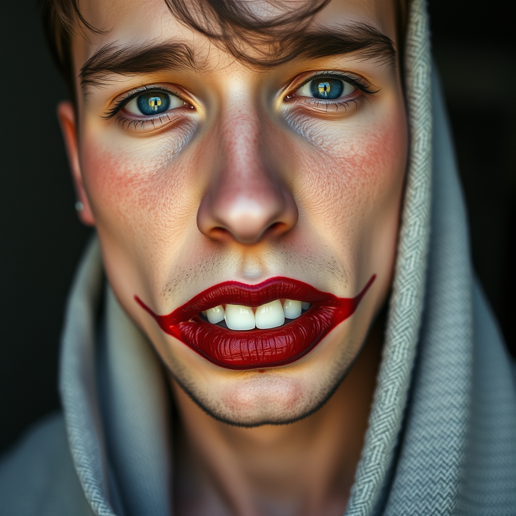 guy with painted lips, realism photography