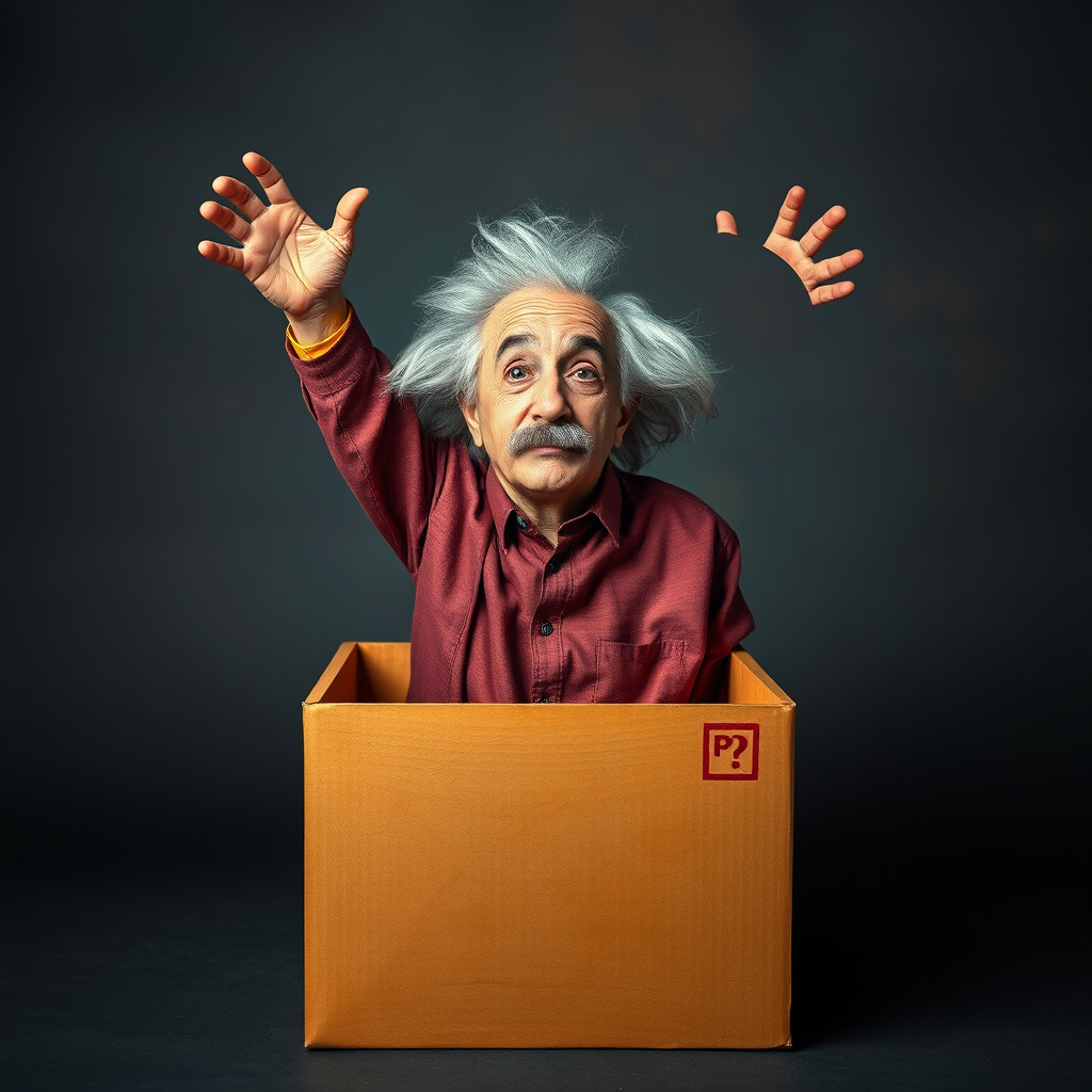 A man who looks like Albert Einstein breaks out of the box, symbolizing freedom of thought.