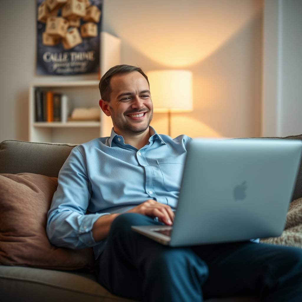 Happy Russian man in a shirt at home on the sofa sidis with a laptop turned on. Theme earnings on the Internet Happy Russian man in a shirt at home on the sofa sidis with a laptop turned on. Theme earnings on the Internet
