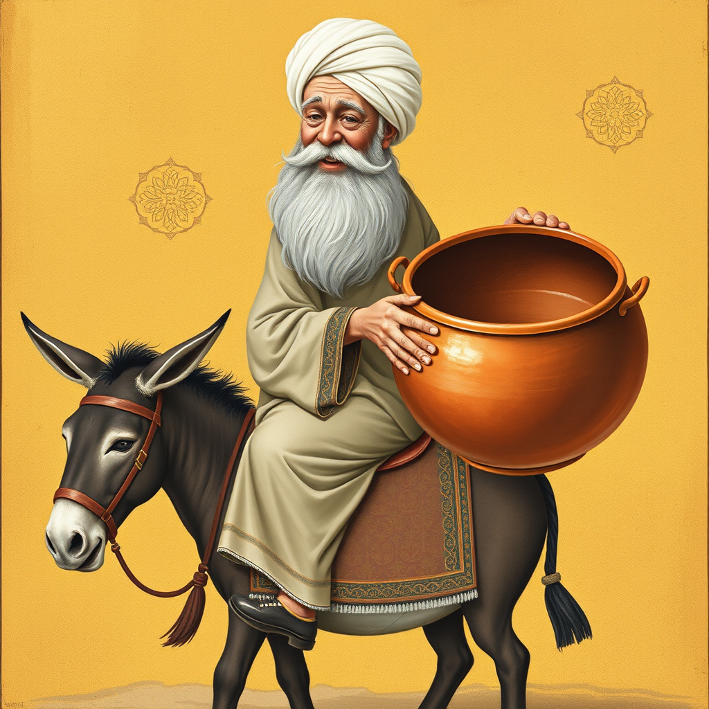 Nasreddin Hodja, a wise old man with a large white turban and a long grey beard, sitting backwards on his small donkey, smiling mischievously. He is holding a large, empty cooking pot. The style is a classic Persian miniature painting with rich colors, intricate patterns, and a golden background. There is a curious villager looking at him.
Khodja Nasreddin, a wise old man in a large white turban and with a long gray beard, sits backwards on his small donkey and looks at the viewer with a sly smile. In his hands he holds a large copper empty cauldron. Style: classical Persian miniature, rich colors, complex ornaments, gold background.
Nasreddin Hodja, a wise old man with a large white turban and a long grey beard, sitting backwards on his small donkey, smiling mischievously. He is holding a large, empty cooking pot. The style is a classic Persian miniature painting with rich colors, intricate patterns, and a golden background. There is a curious villager looking at him. Nasreddin Hodja, a wise old man with a large white turban and a long grey beard, sitting backwards on his small donkey, smiling mischievously. He is holding a large, empty cooking pot. The style is a classic Persian miniature painting with rich colors, intricate patterns, and a golden background. There is a curious villager looking at him.
Khodja Nasreddin, a wise old man in a large white turban and with a long gray beard, sits backwards on his small donkey and looks at the viewer with a sly smile. In his hands he holds a large copper empty cauldron. Style: classical Persian miniature, rich colors, complex ornaments, gold background.
Nasreddin Hodja, a wise old man with a large white turban and a long grey beard, sitting backwards on his small donkey, smiling mischievously. He is holding a large, empty cooking pot. The style is a classic Persian miniature painting with rich colors, intricate patterns, and a golden background. There is a curious villager looking at him.