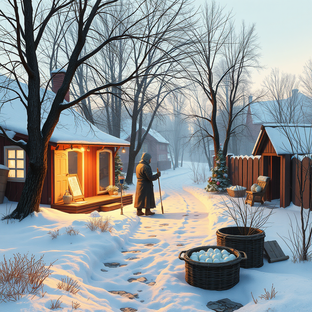 Drawing - no captions: spring in Russia, the snow has melted and preparations for the Orthodox Easter celebration are beginning.