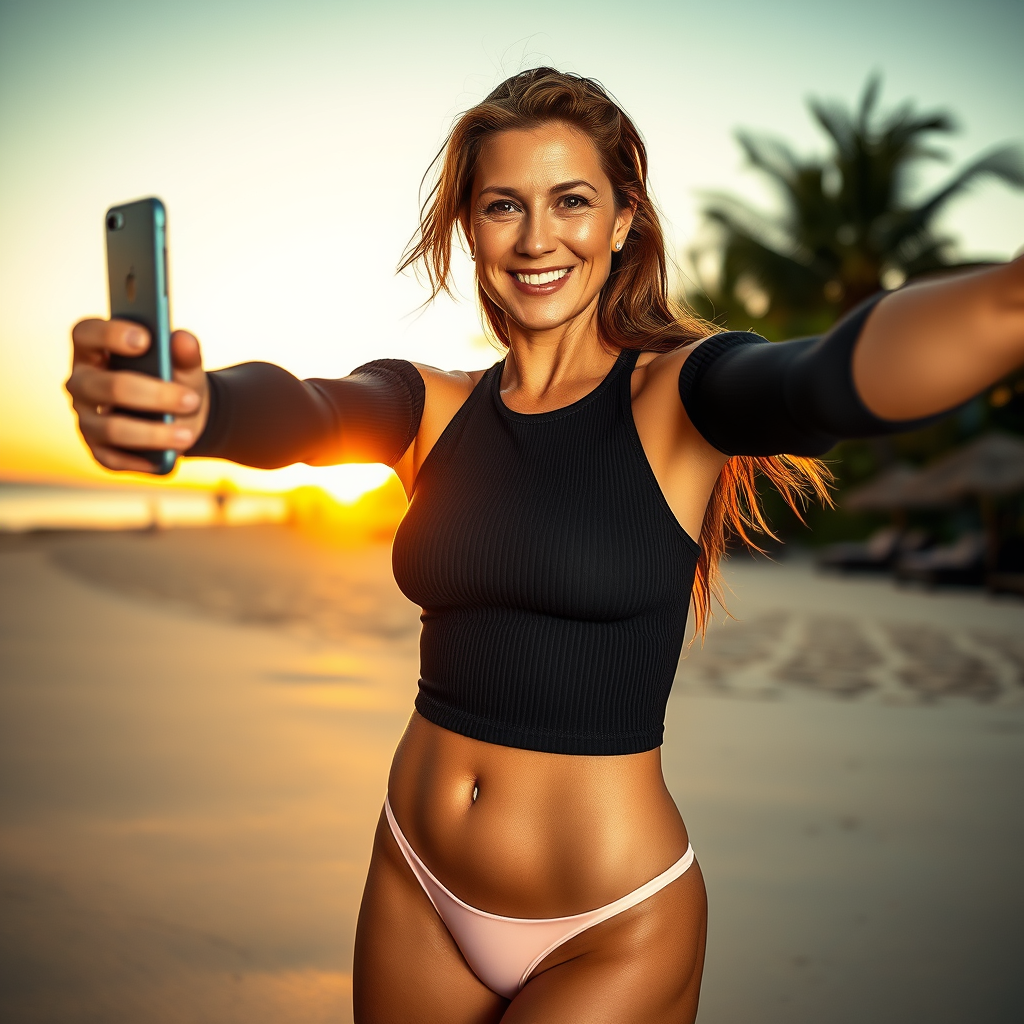 A masterpiece: a hyper-realistic, high-calibre professional photograph, a cinematic beach shot taken during the golden hour.

A dynamic selfie of an athletic adult woman standing on a tropical beach at sunset. The camera is positioned slightly above eye level, as if the woman were holding her phone at arm’s length, creating a slight high-angle shot. Vertical composition. The frame shows her face, upper body, waist, thighs and part of her legs in full.

Image: a mature woman with a toned, athletic figure, natural proportions, a flat stomach, a defined waist and strong legs. Warm, lightly tanned skin with a natural sun-kissed glow. She is wearing a form-fitting black ribbed sports crop top with long sleeves and low-rise pastel pink swimming bottoms. Long, wet, slightly wavy chestnut-coloured hair falls loosely over one shoulder and down her back.

Face and pose: her face is fully visible, with a natural, gentle smile and a relaxed, confident and friendly expression. One arm is outs