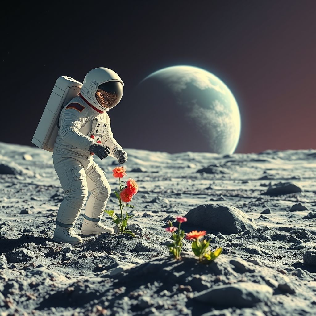 An astronaut planting flowers on the moon, Earth large in the sky, vibrant colors, surreal.