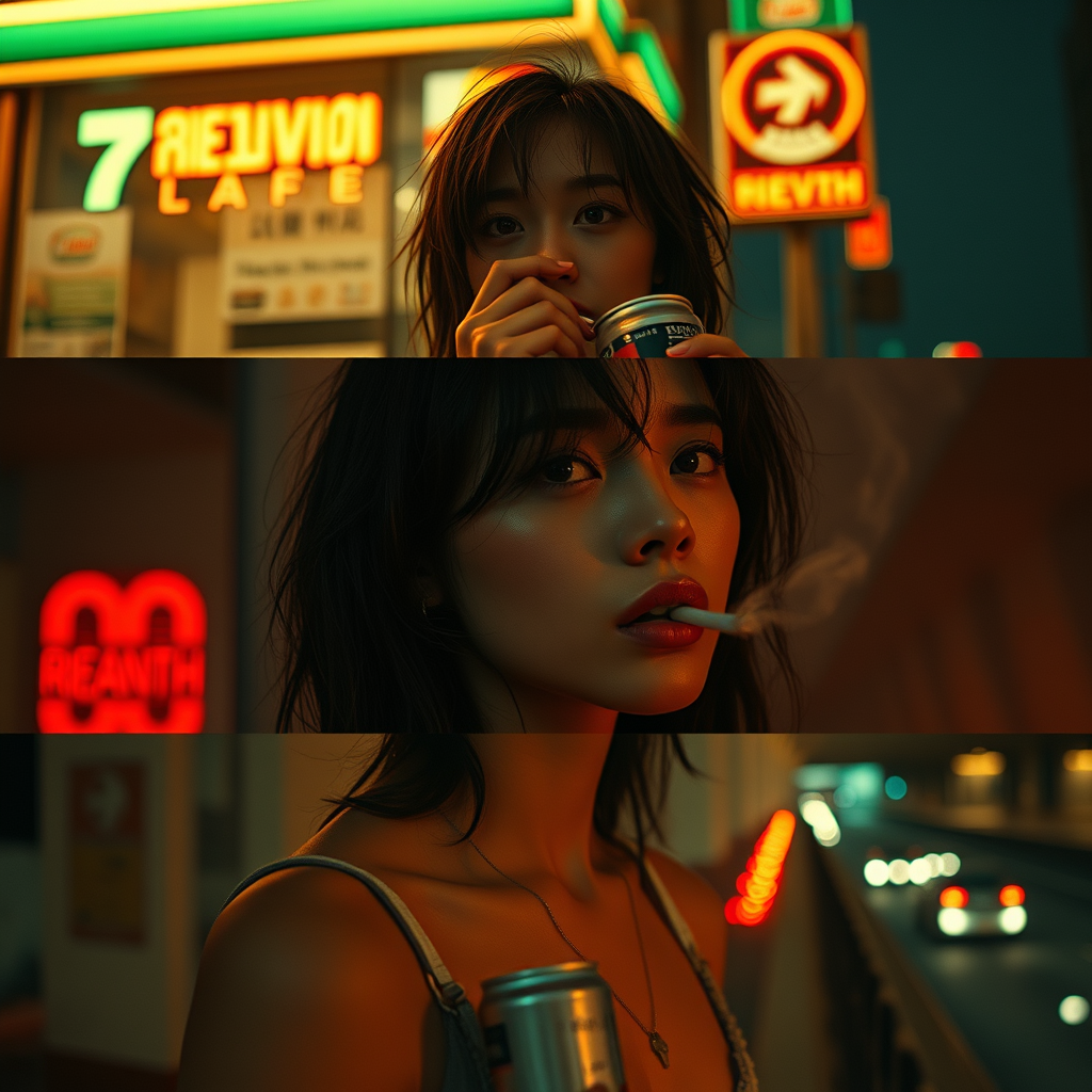 Wong Kar-wai–inspired cinematic triptych of a beautiful woman in the city at night, bathed in moody neon green, amber, and red lights. Film grain, dreamy haze, soft blur, and saturated colors. She has messy comma hair, parted to the side with strands falling across her forehead, creating a slightly disheveled, romantic look. Keep the original face. Top Panel: The woman sits outside a late-night 7-Eleven, neon signs glowing behind her with the text “RIEANTH,” holding a lit cigarette near her lips, her expression contemplative and distant. Middle Panel: She takes a slow sip from a canned beer, gaze unfocused as if lost in thought, neon reflections shimmering across her face. Bottom Panel: She stands alone on a pedestrian overpass bridge at night, exhaling smoke from a cigarette, head tilted back toward the sky, expression weary and melancholic, blurred headlights of the crowd in the distance. Shallow depth of field, intimate close-up framing, nostalgic atmosphere.